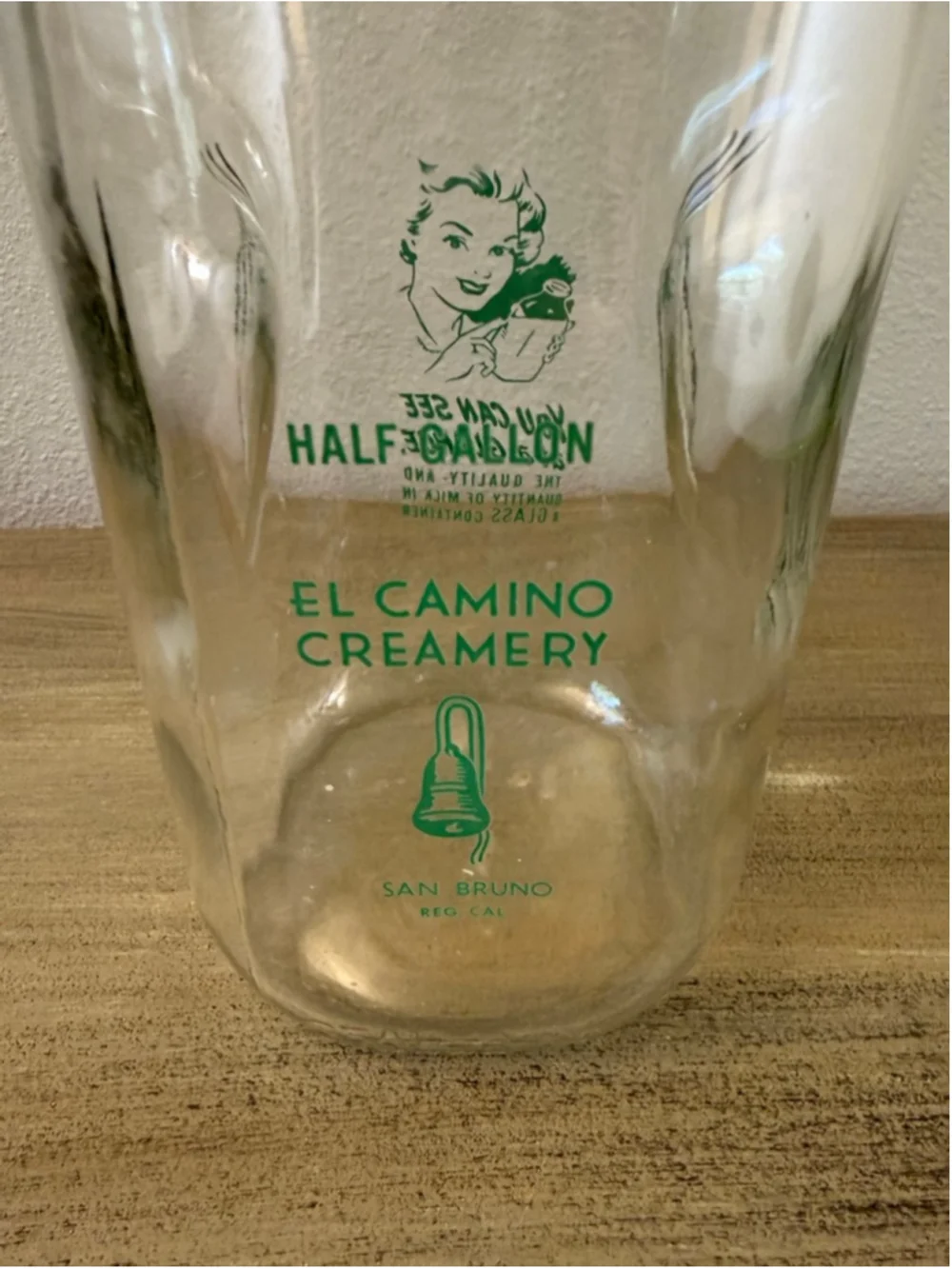 vintage El Camino Creamery half-gallon glass milk bottle San Bruno, CA